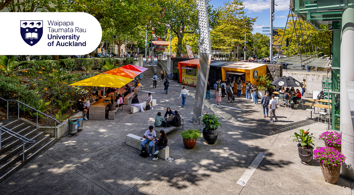 Aerial photograph of the Kate Edger INformation Commons forecourt with food retailer stalls and customers featured. 