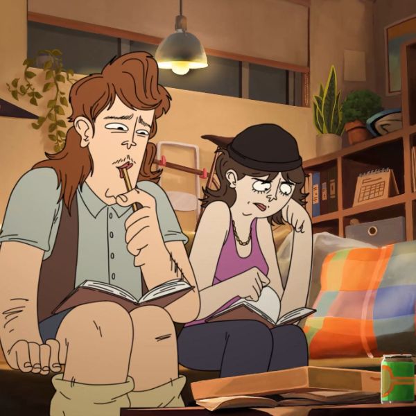 Cartoon image with two people sitting awkwardly on a couch, in what looks like a student flat, looking at textbooks. 