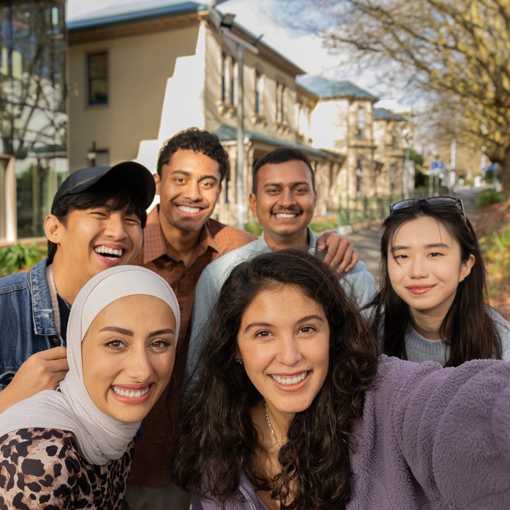 Group of six students posing for a photo at the City Campus